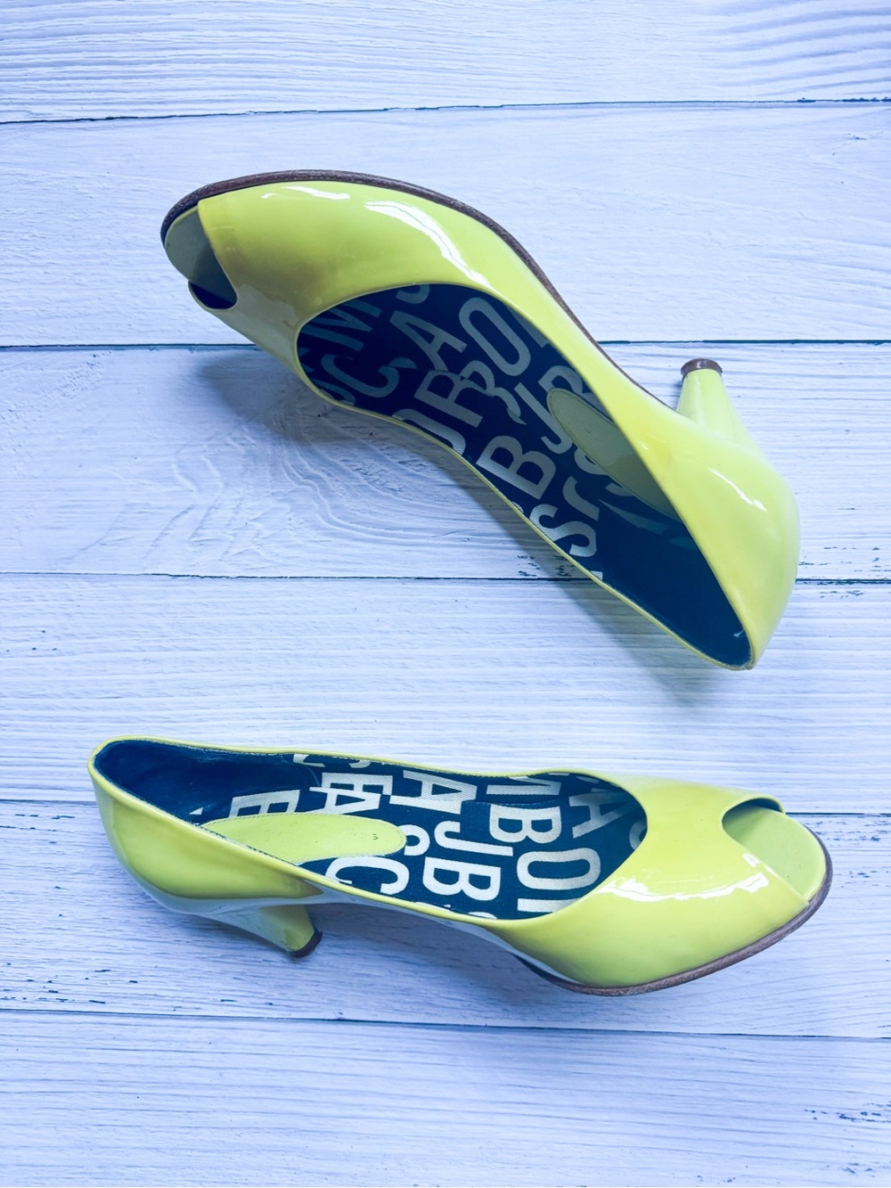 Marc by Marc Jacobs Lime Patent Leather Kitten Heels Peep Open Toe Pumps 38.5 - Picture 4 of 9